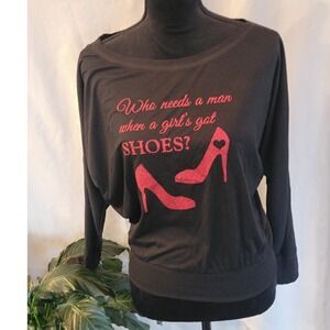 Bella‎ Womens Black Graphic Long Sleeve Dolman Top Red Glitter Shoes S